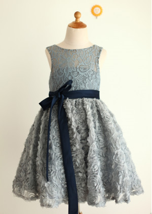 Gray Lace Rosette Skirt Heart Cut Back Flower Girl Dress